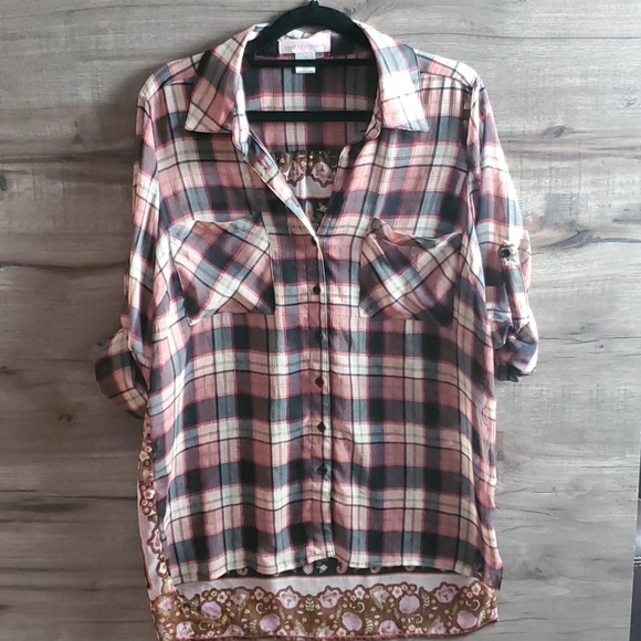 Band of Gypsies Tops - Band of Gypsies sheer mixed print button down